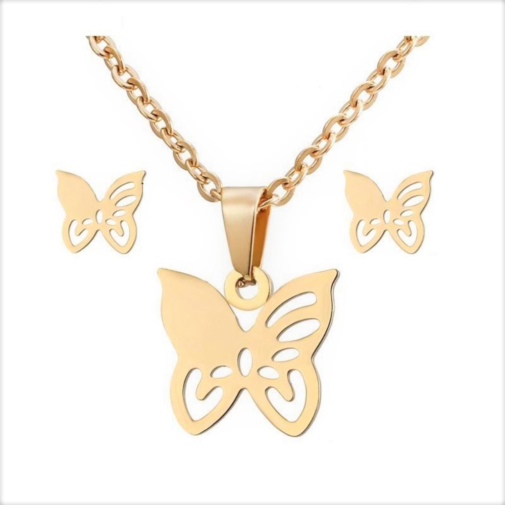 NEW Gold Butterfly Necklace Earrings Set - Picture 6 of 6